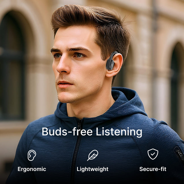 pTron Tangent Max Bone Conduction Headphones w/Mic, 15hrs Playtime, IPX5 Water Resistant, Bluetooth V5.4 Open Ear Headphones, Lightweight & Comfortable, Touch Controls & Type C Charging (Black)