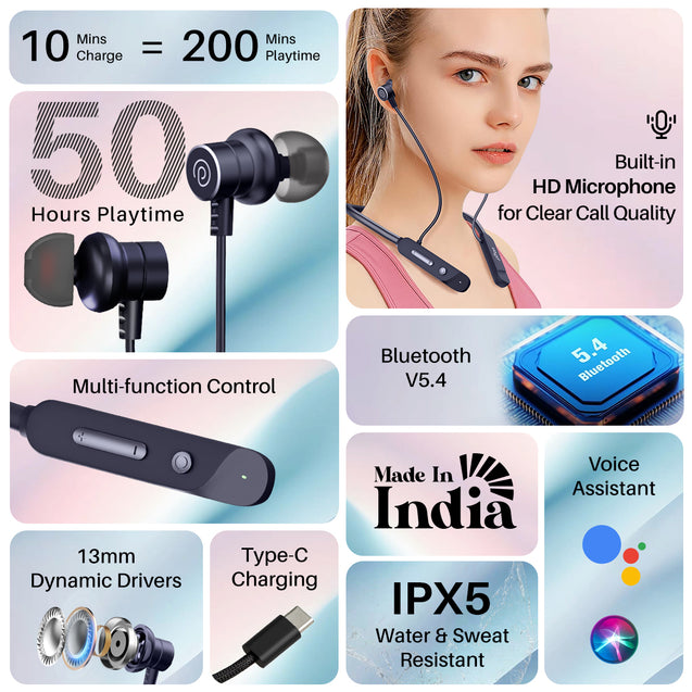 pTron Tangent Buzz w/ 50Hrs Playtime, Pristine Sound, Dual-Device Pairing, Bluetooth 5.4 Wireless in-Ear Earphones with Mic, Hall Switch Function, Voice Assistant, Type-C Fast Charging & IPX5 (Blue)