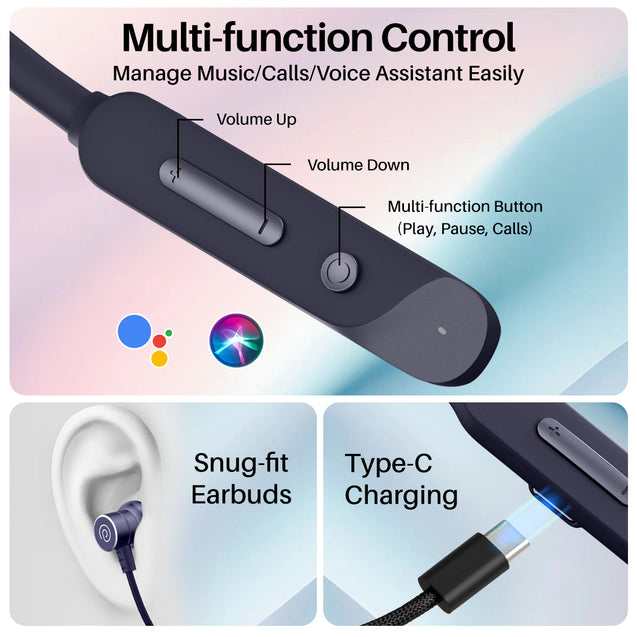pTron Tangent Buzz w/ 50Hrs Playtime, Pristine Sound, Dual-Device Pairing, Bluetooth 5.4 Wireless in-Ear Earphones with Mic, Hall Switch Function, Voice Assistant, Type-C Fast Charging & IPX5 (Blue)