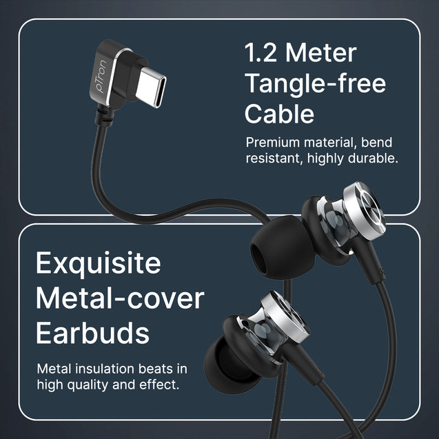 pTron Boom Play X3 In-Ear Type C Wired Headphones with Mic, 10mm Drivers for Pristine Sound, In-line Controls, 90 Degree USB-C Connector, 1.2m Tangle-Free Cable, Metal Buds & Wide Compatibility (Black)