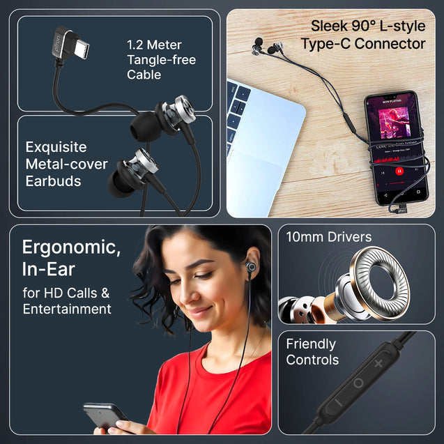 pTron Boom Play X3 In-Ear Type C Wired Headphones with Mic, 10mm Drivers for Pristine Sound, In-line Controls, 90 Degree USB-C Connector, 1.2m Tangle-Free Cable, Metal Buds & Wide Compatibility (Black)