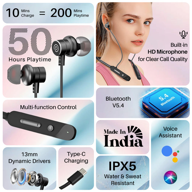 pTron Tangent Buzz w/ 50Hrs Playtime, Pristine Sound, Dual-Device Pairing, Bluetooth 5.4 Wireless in-Ear Earphones with Mic, Hall Switch Function, Voice Assistant, Type-C Fast Charging & IPX5 (Black)