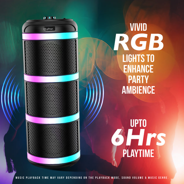 pTron Fusion Theatre 60W Karaoke Bluetooth Party Speaker w/Punchy Stereo Sound, Rhythmic RGB Lights, 3m Wired Mic, 6Hrs Playtime, 5 Equalisers, BT/USB/SD Card Playback & Type-C Charging (Raven Black)