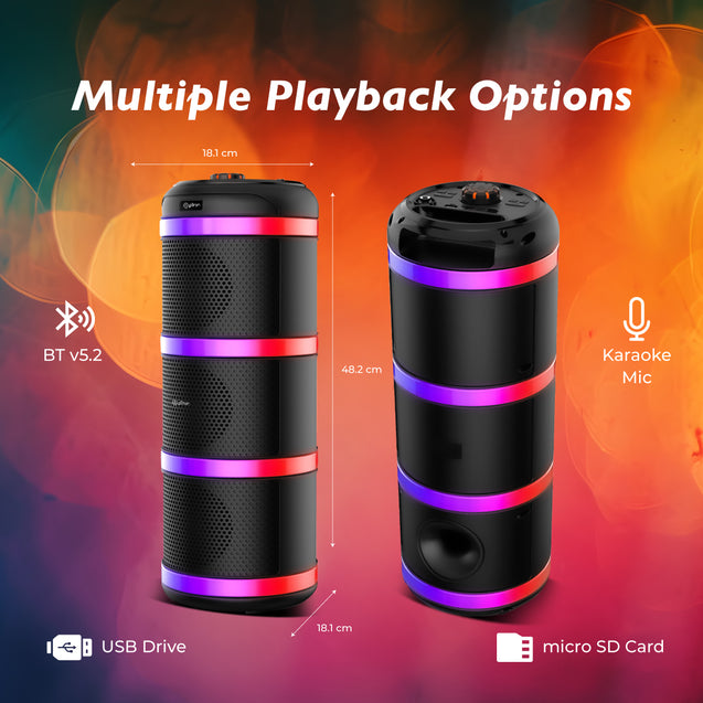 pTron Fusion Theatre 60W Karaoke Bluetooth Party Speaker w/Punchy Stereo Sound, Rhythmic RGB Lights, 3m Wired Mic, 6Hrs Playtime, 5 Equalisers, BT/USB/SD Card Playback & Type-C Charging (Raven Black)