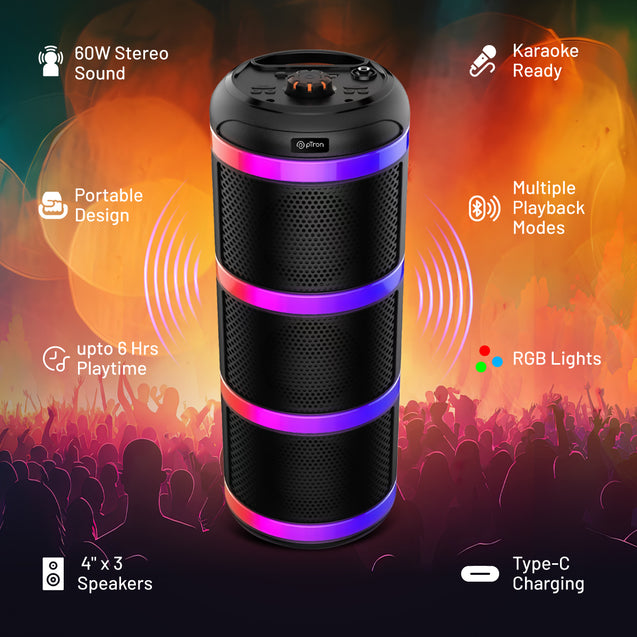 pTron Fusion Theatre 60W Karaoke Bluetooth Party Speaker w/Punchy Stereo Sound, Rhythmic RGB Lights, 3m Wired Mic, 6Hrs Playtime, 5 Equalisers, BT/USB/SD Card Playback & Type-C Charging (Raven Black)
