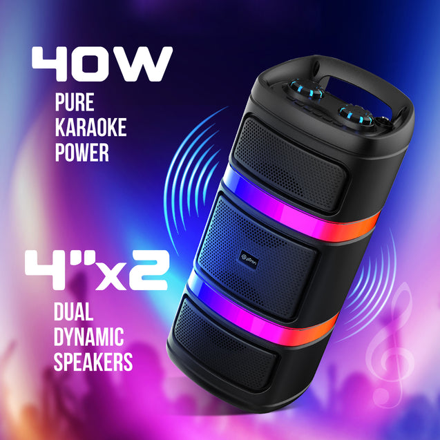 pTron Fusion Quad 40W Bluetooth Karaoke Party Speaker w/ 3m Wired Mic, Vibrant RGB Lights, 6Hrs Playtime, Mic Volume Control, 5-Equalizer Settings, BT/USB/SD Playback & Type-C Charging (Raven Black)