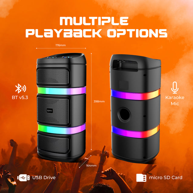 pTron Fusion Quad 40W Bluetooth Karaoke Party Speaker w/ 3m Wired Mic, Vibrant RGB Lights, 6Hrs Playtime, Mic Volume Control, 5-Equalizer Settings, BT/USB/SD Playback & Type-C Charging (Raven Black)