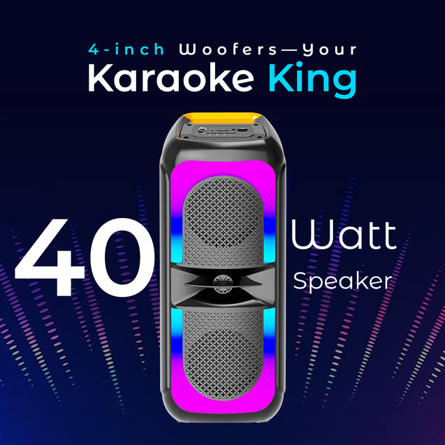pTron Fusion Beats 40W Karaoke Bluetooth Party Speaker w/Punchy Stereo Sound, 6hrs Playtime, Rhythmic RGB Lights, 3m Wired Mic, Bluetooth V5.1/USB/SD Card Playback Modes & Type-C Charging (Raven Black)