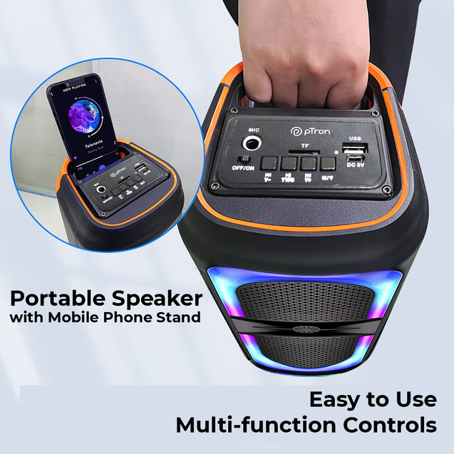 pTron Fusion Beats 40W Karaoke Bluetooth Party Speaker w/Punchy Stereo Sound, 6hrs Playtime, Rhythmic RGB Lights, 3m Wired Mic, Bluetooth V5.1/USB/SD Card Playback Modes & Type-C Charging (Raven Black)