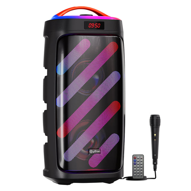 pTron Fusion Bold 100W Karaoke Bluetooth Party Speaker w/Immersive Stereo Sound, Vibrant RGB Lights, 3m Wired Mic, Playback via BT/USB/SD Card/Aux, Mini Remote Control & Type-C Charging (Raven Black)