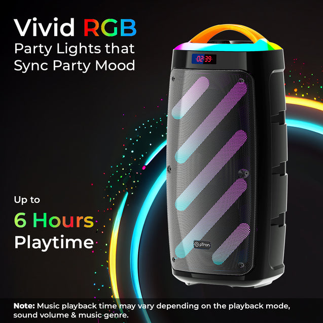 pTron Fusion Bold 100W Karaoke Bluetooth Party Speaker w/Immersive Stereo Sound, Vibrant RGB Lights, 3m Wired Mic, Playback via BT/USB/SD Card/Aux, Mini Remote Control & Type-C Charging (Raven Black)