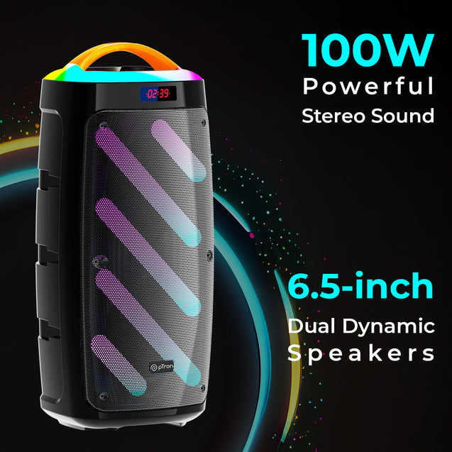 pTron Fusion Bold 100W Karaoke Bluetooth Party Speaker w/Immersive Stereo Sound, Vibrant RGB Lights, 3m Wired Mic, Playback via BT/USB/SD Card/Aux, Mini Remote Control & Type-C Charging (Raven Black)