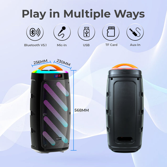 pTron Fusion Bold 100W Karaoke Bluetooth Party Speaker w/Immersive Stereo Sound, Vibrant RGB Lights, 3m Wired Mic, Playback via BT/USB/SD Card/Aux, Mini Remote Control & Type-C Charging (Raven Black)