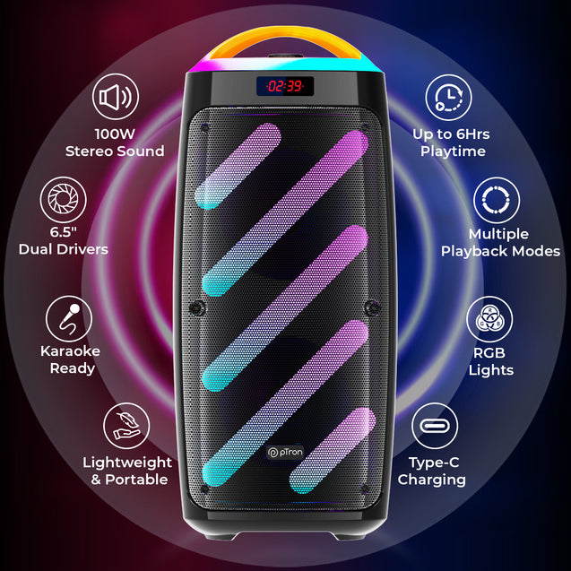 pTron Fusion Bold 100W Karaoke Bluetooth Party Speaker w/Immersive Stereo Sound, Vibrant RGB Lights, 3m Wired Mic, Playback via BT/USB/SD Card/Aux, Mini Remote Control & Type-C Charging (Raven Black)