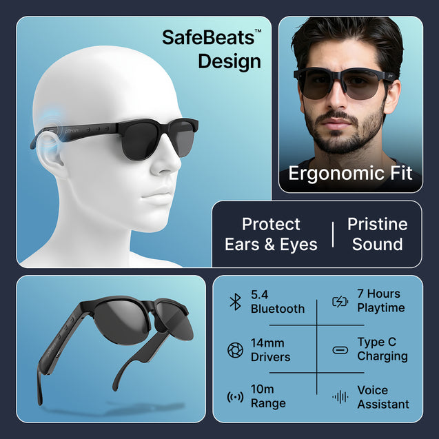 pTron Orbis Neo Smart Glasses w/Bluetooth V5.4, Open Ear Music, Handsfree Calls, Eye Protection, 7Hrs Playtime, Lightweight & Stylish Wireless Sunglasses, Connect with Phones/Tablets (Black)
