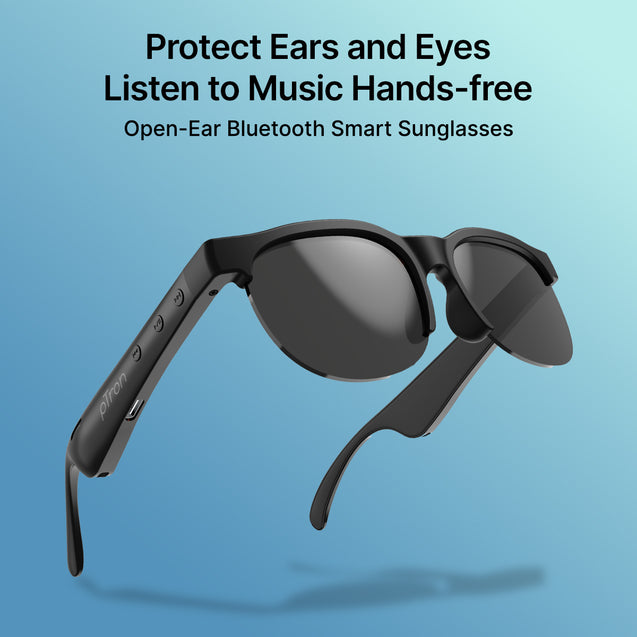 pTron Orbis Neo Smart Glasses w/Bluetooth V5.4, Open Ear Music, Handsfree Calls, Eye Protection, 7Hrs Playtime, Lightweight & Stylish Wireless Sunglasses, Connect with Phones/Tablets (Black)