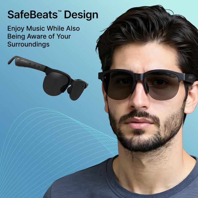 pTron Orbis Neo Smart Glasses w/Bluetooth V5.4, Open Ear Music, Handsfree Calls, Eye Protection, 7Hrs Playtime, Lightweight & Stylish Wireless Sunglasses, Connect with Phones/Tablets (Black)