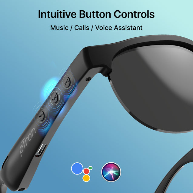 pTron Orbis Neo Smart Glasses w/Bluetooth V5.4, Open Ear Music, Handsfree Calls, Eye Protection, 7Hrs Playtime, Lightweight & Stylish Wireless Sunglasses, Connect with Phones/Tablets (Black)