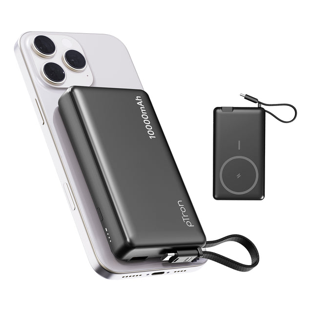 pTron Dynamo Dash Magnetic Wireless 10000mAh Fast Charging Slim Power Bank, Strong Magnet, 22.5W Output, Compatible w/iPhone 12/13/14/15/16, Android & Other Qi Enabled Devices, Type-C Input (Black)