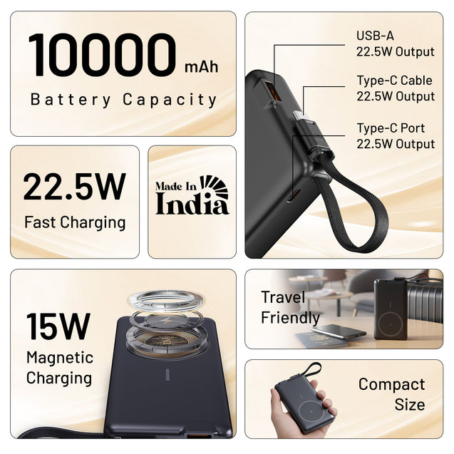 pTron Dynamo Dash Magnetic Wireless 10000mAh Fast Charging Slim Power Bank, Strong Magnet, 22.5W Output, Compatible w/iPhone 12/13/14/15/16, Android & Other Qi Enabled Devices, Type-C Input (Black)