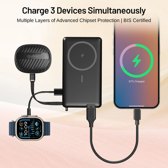 pTron Dynamo Dash Magnetic Wireless 10000mAh Fast Charging Slim Power Bank, Strong Magnet, 22.5W Output, Compatible w/iPhone 12/13/14/15/16, Android & Other Qi Enabled Devices, Type-C Input (Black)