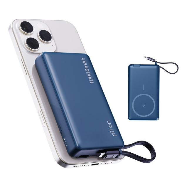 pTron Dynamo Dash Magnetic Wireless 10000mAh Fast Charging Slim Power Bank, Strong Magnet, 22.5W Output, Compatible w/iPhone 12/13/14/15/16, Android & Other Qi Enabled Devices, Type-C Input (Blue)