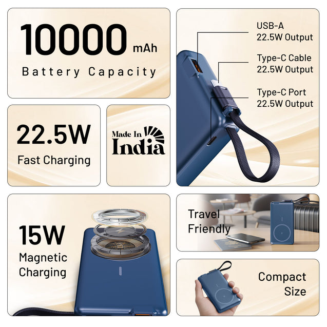 pTron Dynamo Dash Magnetic Wireless 10000mAh Fast Charging Slim Power Bank, Strong Magnet, 22.5W Output, Compatible w/iPhone 12/13/14/15/16, Android & Other Qi Enabled Devices, Type-C Input (Blue)