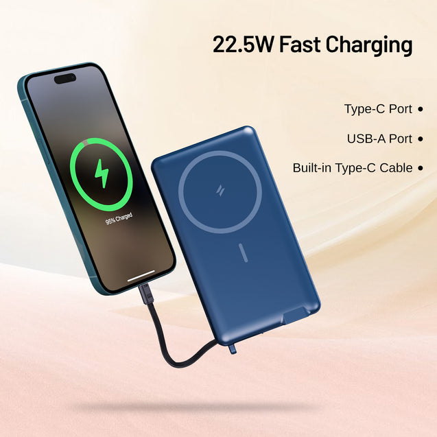 pTron Dynamo Dash Magnetic Wireless 10000mAh Fast Charging Slim Power Bank, Strong Magnet, 22.5W Output, Compatible w/iPhone 12/13/14/15/16, Android & Other Qi Enabled Devices, Type-C Input (Blue)