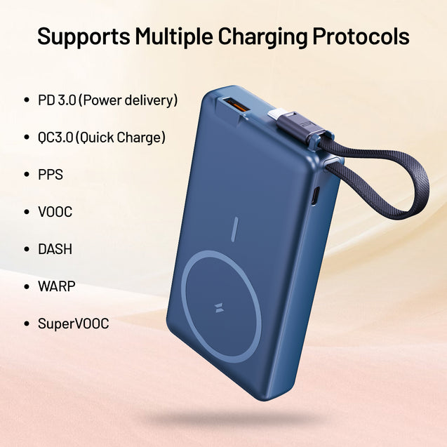 pTron Dynamo Dash Magnetic Wireless 10000mAh Fast Charging Slim Power Bank, Strong Magnet, 22.5W Output, Compatible w/iPhone 12/13/14/15/16, Android & Other Qi Enabled Devices, Type-C Input (Blue)