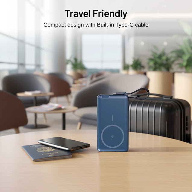 pTron Dynamo Dash Magnetic Wireless 10000mAh Fast Charging Slim Power Bank, Strong Magnet, 22.5W Output, Compatible w/iPhone 12/13/14/15/16, Android & Other Qi Enabled Devices, Type-C Input (Blue)