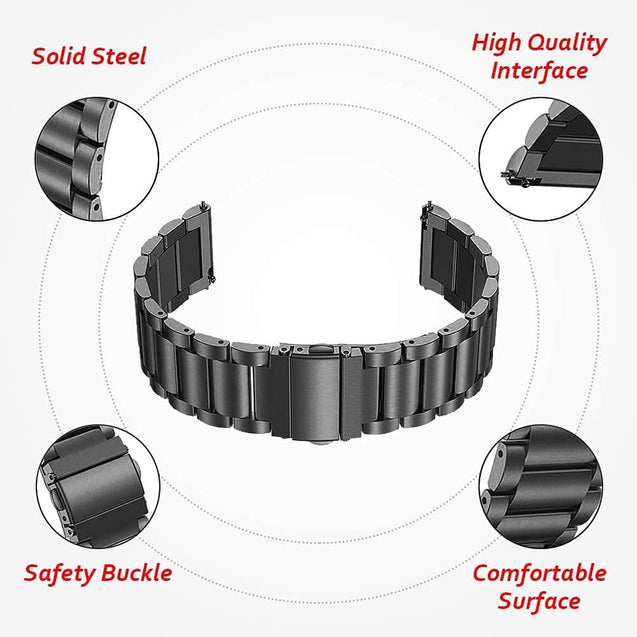 pTron 22mm Metal Chain Replacement Band Strap with Metal Buckle Compatible with Fire-Boltt, Boat, Noise, Amazfit, Stainless Steel Material, Quick-Release Pins, Adjustable Length (Black)