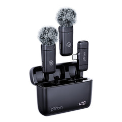 pTron KWM-2 Type C Wireless Microphone with Charging case w/Noise Cancellation, 48Hrs Battery, 20m Wireless Range, Collar Mic for DSLR/iPhone/Android, Vlog, Streaming/Zoom Meeting (Black)