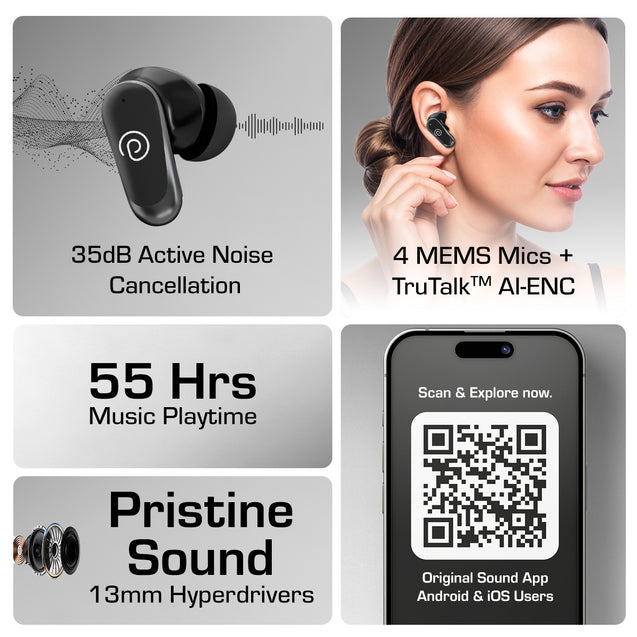 pTron Bassbuds Zen TWS Earbuds w/ 35dB ANC, Quad MEMS Mic, ENC Calls, 55Hrs Playtime, Custom EQ, App Support, BT6.0, Dual-Device Pairing, 40ms Low-Latency, IPX5, 13mm Driver (Black)