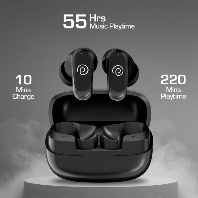pTron Bassbuds Zen TWS Earbuds w/ 35dB ANC, Quad MEMS Mic, ENC Calls, 55Hrs Playtime, Custom EQ, App Support, BT6.0, Dual-Device Pairing, 40ms Low-Latency, IPX5, 13mm Driver (Black)