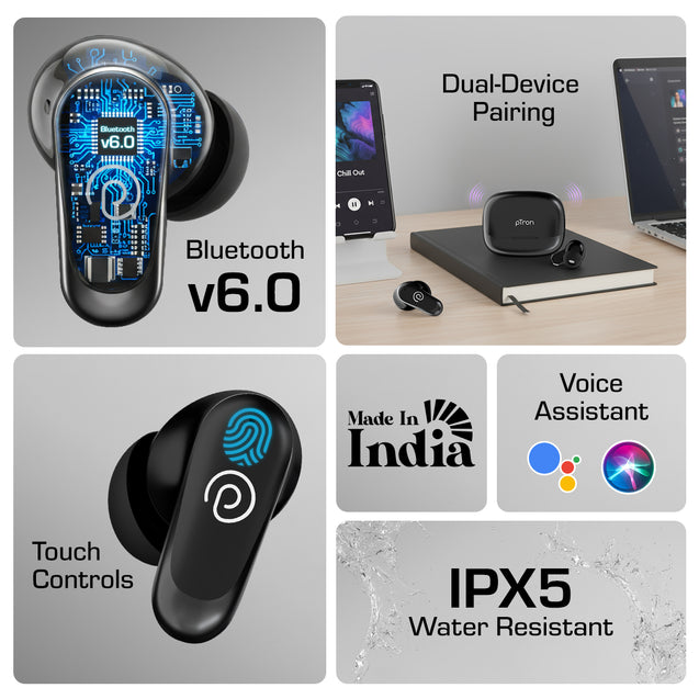 pTron Bassbuds Zen TWS Earbuds w/ 35dB ANC, Quad MEMS Mic, ENC Calls, 55Hrs Playtime, Custom EQ, App Support, BT6.0, Dual-Device Pairing, 40ms Low-Latency, IPX5, 13mm Driver (Black)