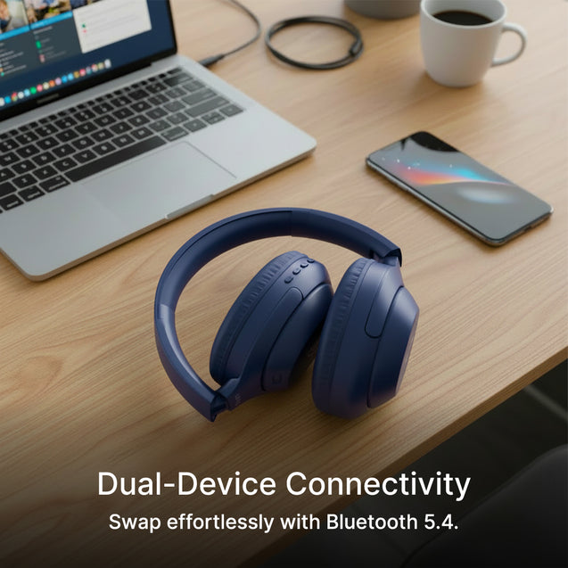 pTron Studio Classic w/ 75Hrs Playtime, Wireless Over Ear Headphones w/HD Mic & TruTalk AI-ENC Calls, Low-Latency Game & Music, Deep Bass, BT5.4, Dual Device Pairing, & Type-C Fast Charging (Blue)