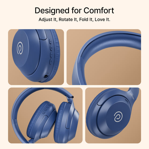pTron Studio Classic w/ 75Hrs Playtime, Wireless Over Ear Headphones w/HD Mic & TruTalk AI-ENC Calls, Low-Latency Game & Music, Deep Bass, BT5.4, Dual Device Pairing, & Type-C Fast Charging (Blue)