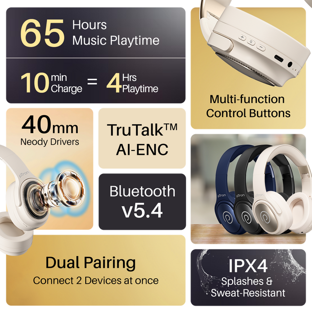 pTron Studio Pro w/ 65Hrs Playtime, Wireless Over Ear Headphones w/HD Mic & TruTalk AI-ENC Calls, Low-Latency Game & Music, 40mm Drivers, BT5.4, Dual Device Pairing & Type-C Fast Charging (Beige)