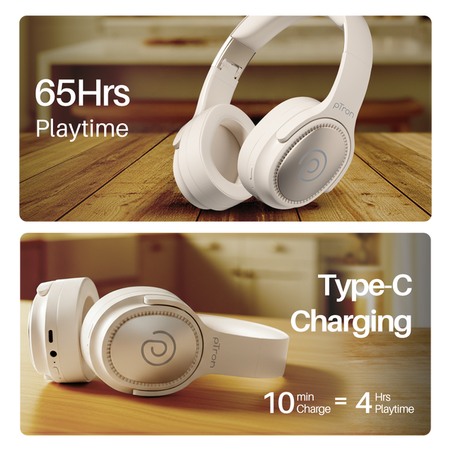 pTron Studio Pro w/ 65Hrs Playtime, Wireless Over Ear Headphones w/HD Mic & TruTalk AI-ENC Calls, Low-Latency Game & Music, 40mm Drivers, BT5.4, Dual Device Pairing & Type-C Fast Charging (Beige)