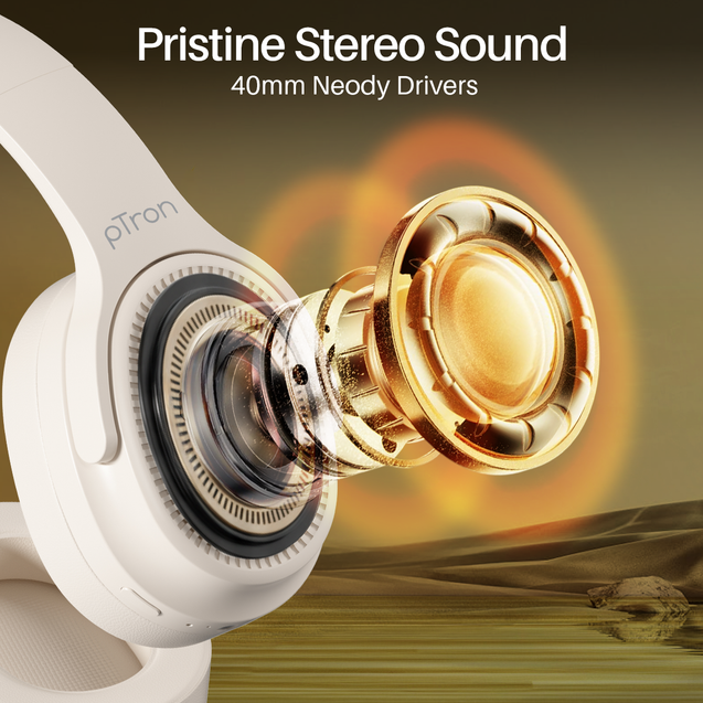 pTron Studio Pro w/ 65Hrs Playtime, Wireless Over Ear Headphones w/HD Mic & TruTalk AI-ENC Calls, Low-Latency Game & Music, 40mm Drivers, BT5.4, Dual Device Pairing & Type-C Fast Charging (Beige)