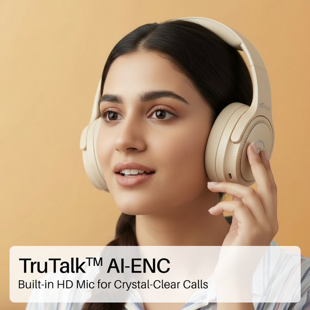 pTron Studio Pro w/ 65Hrs Playtime, Wireless Over Ear Headphones w/HD Mic & TruTalk AI-ENC Calls, Low-Latency Game & Music, 40mm Drivers, BT5.4, Dual Device Pairing & Type-C Fast Charging (Beige)