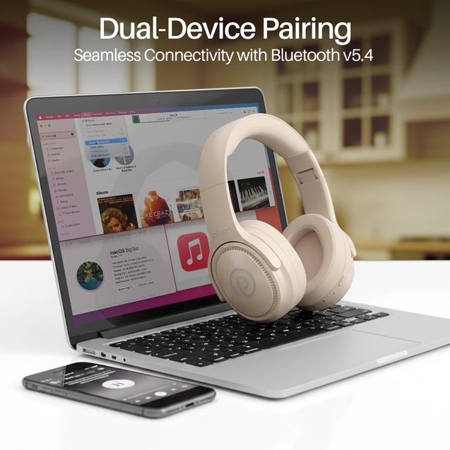 pTron Studio Pro w/ 65Hrs Playtime, Wireless Over Ear Headphones w/HD Mic & TruTalk AI-ENC Calls, Low-Latency Game & Music, 40mm Drivers, BT5.4, Dual Device Pairing & Type-C Fast Charging (Beige)