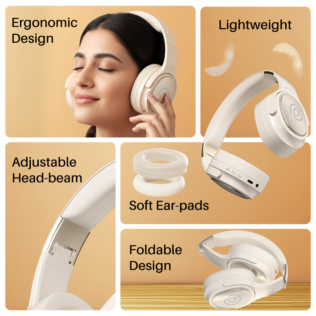 pTron Studio Pro w/ 65Hrs Playtime, Wireless Over Ear Headphones w/HD Mic & TruTalk AI-ENC Calls, Low-Latency Game & Music, 40mm Drivers, BT5.4, Dual Device Pairing & Type-C Fast Charging (Beige)