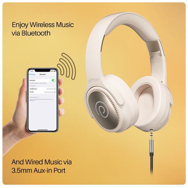 pTron Studio Pro w/ 65Hrs Playtime, Wireless Over Ear Headphones w/HD Mic & TruTalk AI-ENC Calls, Low-Latency Game & Music, 40mm Drivers, BT5.4, Dual Device Pairing & Type-C Fast Charging (Beige)