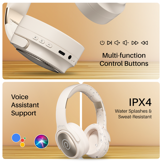 pTron Studio Pro w/ 65Hrs Playtime, Wireless Over Ear Headphones w/HD Mic & TruTalk AI-ENC Calls, Low-Latency Game & Music, 40mm Drivers, BT5.4, Dual Device Pairing & Type-C Fast Charging (Beige)