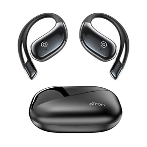 pTron Bassbuds Trendz Open Ear Wireless Earbuds, SafeBeats Design, Dual HD Mics & TruTalk AI-ENC Calls, 45Hrs Playtime, App Support, 14.2mm Drivers, BT6.0 Headphones, Type C Charging & IPX5 (Black)