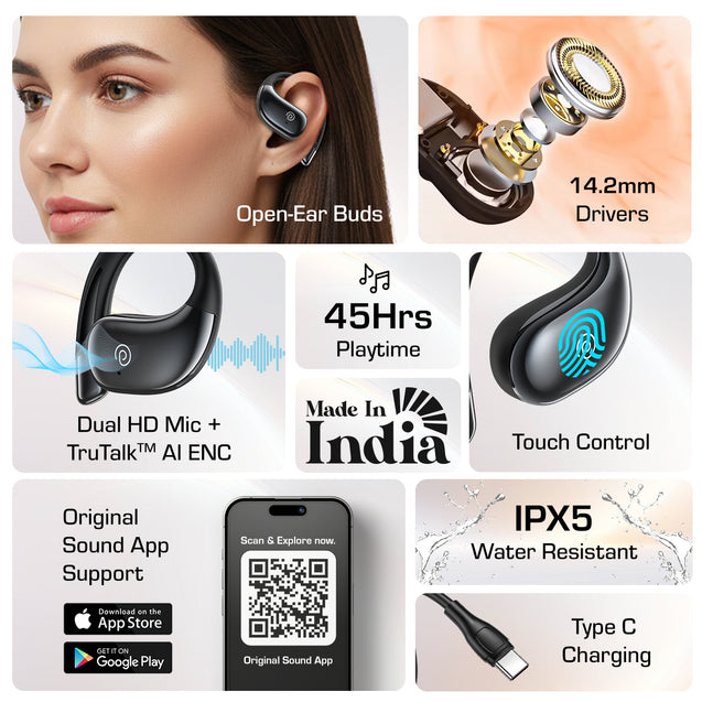 pTron Bassbuds Trendz Open Ear Wireless Earbuds, SafeBeats Design, Dual HD Mics & TruTalk AI-ENC Calls, 45Hrs Playtime, App Support, 14.2mm Drivers, BT6.0 Headphones, Type C Charging & IPX5 (Black)