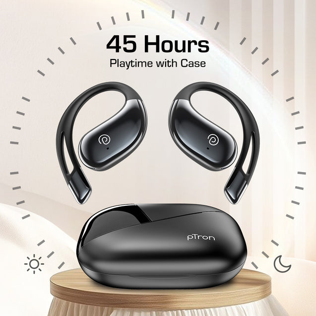 pTron Bassbuds Trendz Open Ear Wireless Earbuds, SafeBeats Design, Dual HD Mics & TruTalk AI-ENC Calls, 45Hrs Playtime, App Support, 14.2mm Drivers, BT6.0 Headphones, Type C Charging & IPX5 (Black)