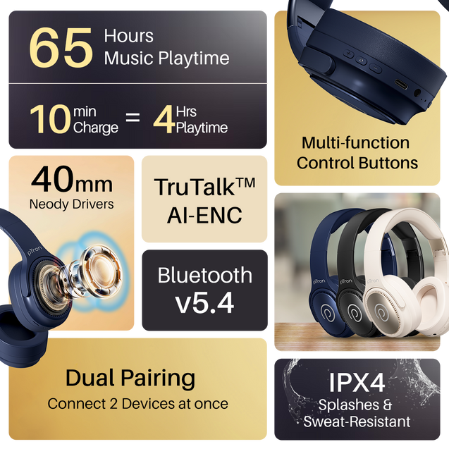 pTron Studio Pro w/ 65Hrs Playtime, Wireless Over Ear Headphones w/HD Mic & TruTalk AI-ENC Calls, Low-Latency Game & Music, 40mm Drivers, BT5.4, Dual Device Pairing & Type-C Fast Charging (Blue)