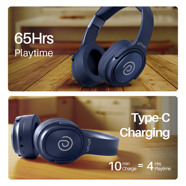 pTron Studio Pro w/ 65Hrs Playtime, Wireless Over Ear Headphones w/HD Mic & TruTalk AI-ENC Calls, Low-Latency Game & Music, 40mm Drivers, BT5.4, Dual Device Pairing & Type-C Fast Charging (Blue)